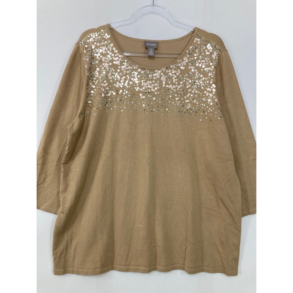 Chico's Sequin Top Size XL/3 Tan Gold 3/4 Sleeve Stretch Knit Festival